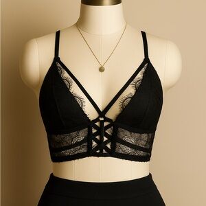 Black Lace Criss-Cross Bralette Top Strappy Sheer Lingerie Y2K Whimsy Goth